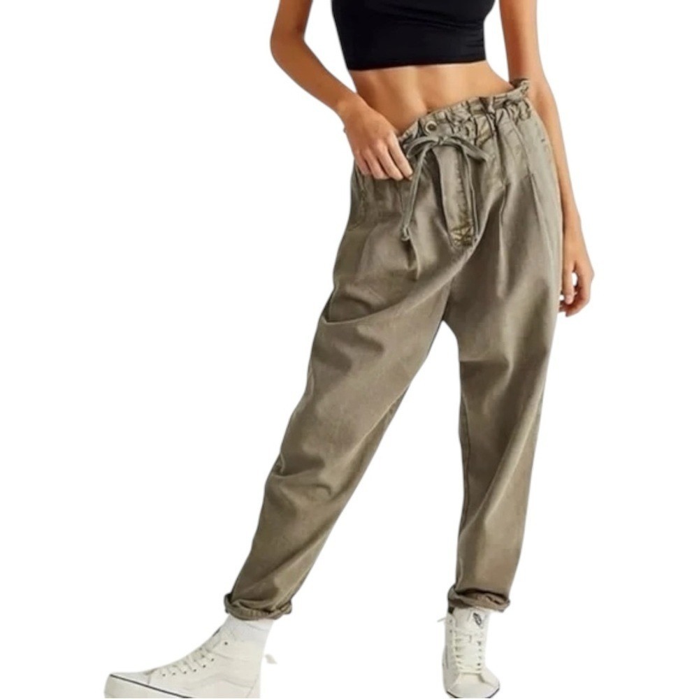 Free People Margate Pleated Harem Paper Bag Olive Utility Pants Small New